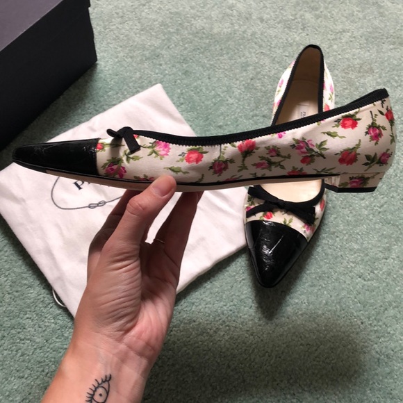 PRADA—Pristine Rose-Studded White and Black Flats, 8.5 - Picture 1 of 3